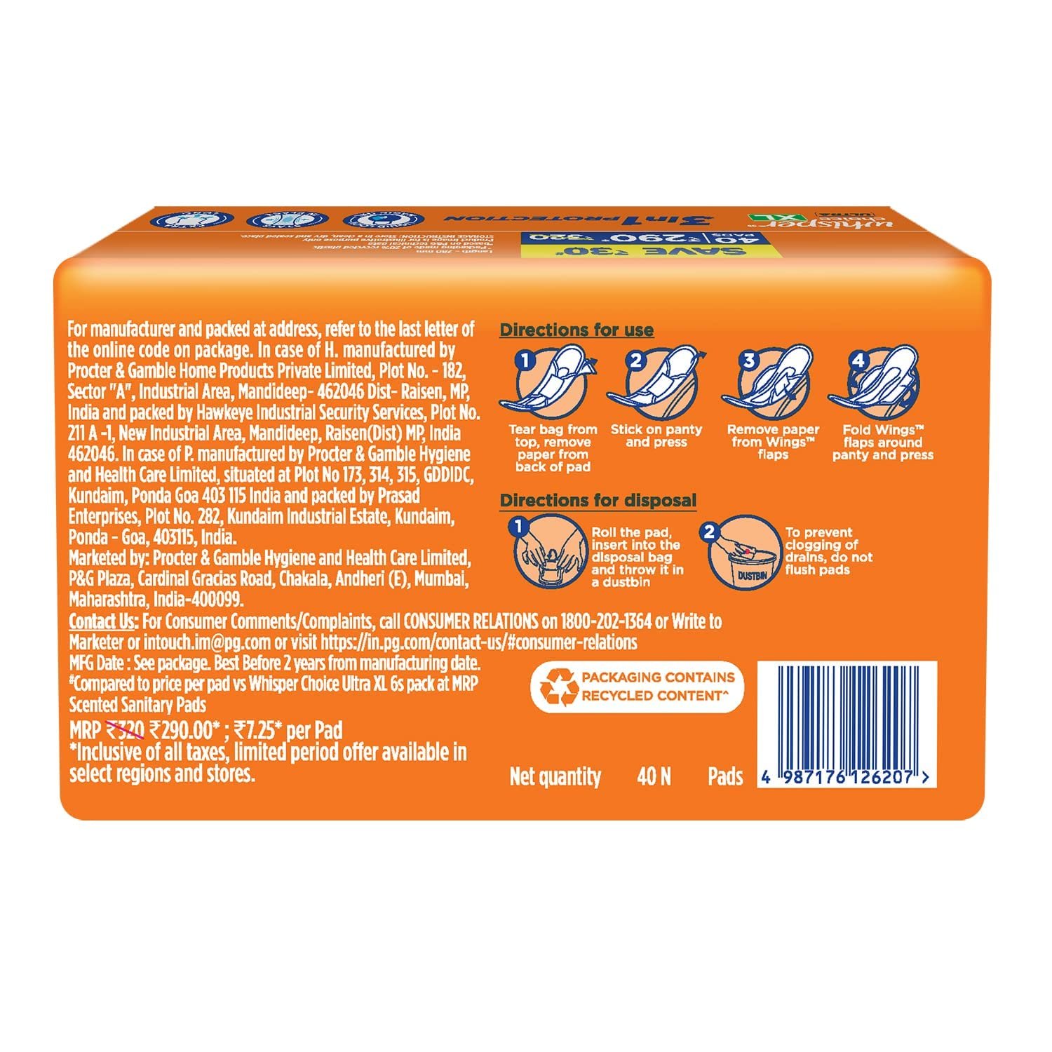 Whisper Choice Sanitary Pads with Wings for Women, XL, 40s Napkins - Image 2